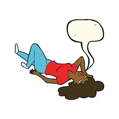 cartoon woman lying on floor with speech bubble