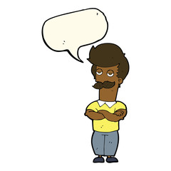cartoon mustache muscle man with speech bubble