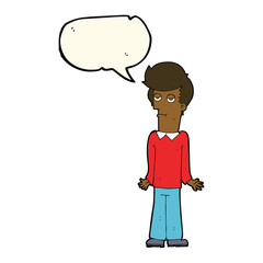cartoon bored man shrugging shoulders with speech bubble