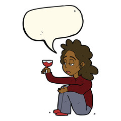 cartoon unhappy woman with glass of wine with speech bubble