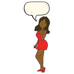 cartoon pretty woman in cocktail dress with speech bubble