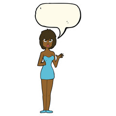 cartoon confused woman in cocktail dress with speech bubble