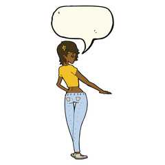 cartoon pretty girl in jeans and tee with speech bubble