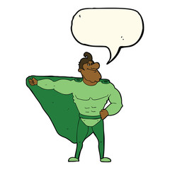 funny cartoon superhero with speech bubble