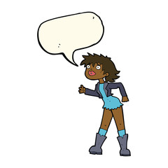 cartoon girl in leather jacket with speech bubble