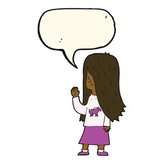 cartoon girl with pony shirt waving with speech bubble
