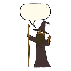 cartoon spooky wizard with speech bubble