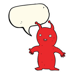 cartoon happy little alien with speech bubble