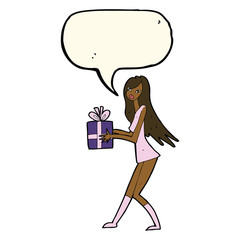 cartoon fashion girl with present with speech bubble