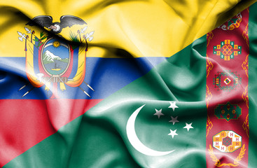 Waving flag of Turkmenistan and Ecuador