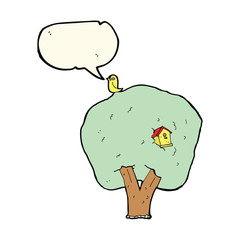 cartoon tree with birdhouse with speech bubble