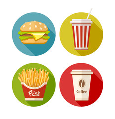 Set of flat icon with hamburger fries soda and coffee in paper