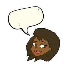 cartoon happy female face with speech bubble