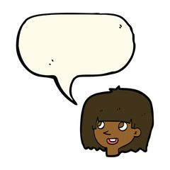 cartoon happy female face with speech bubble