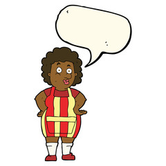 cartoon woman in kitchen apron with speech bubble