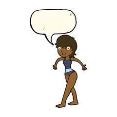cartoon happy woman in swimming costume with speech bubble