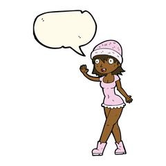 cartoon pretty girl in hat waving with speech bubble