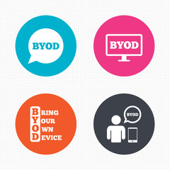 BYOD signs. Human with notebook and smartphone.