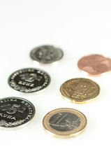 Coins on white background (Euro and Kuna coins)