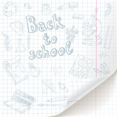 White  checkered  paper sheet  with back to school doodles and c