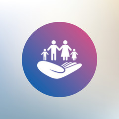 Family insurance sign. Hand holds human group.