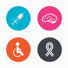 Medicine icons. Syringe, disabled, brain.