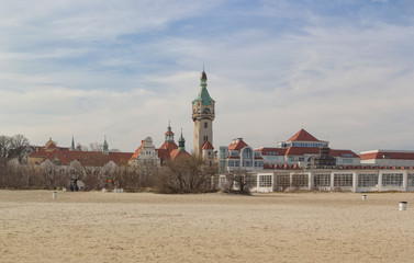 View on the Sopot beach in Poland from the baltic sea