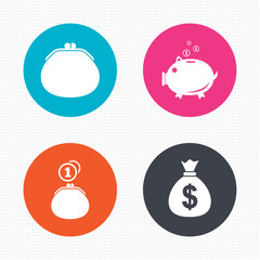 Money bag icons. Wallet and piggy bank symbols.