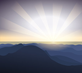 vector landscape sunset mist and mountains square