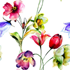 Seamless wallpaper with Tulip and Narcissus flowers