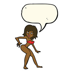 cartoon woman in bikini with speech bubble