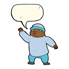 cartoon man in hat waving with speech bubble