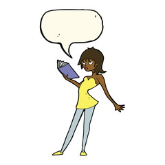 cartoon woman reading book with speech bubble