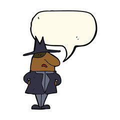 cartoon man in coat and hat with speech bubble