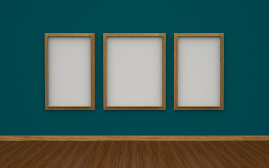 3D illustration of gallery interior with empty photo frames