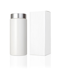 サプリメント/プラスチック製の白いサプリメントのボトルと紙のパッケージ,パス付き