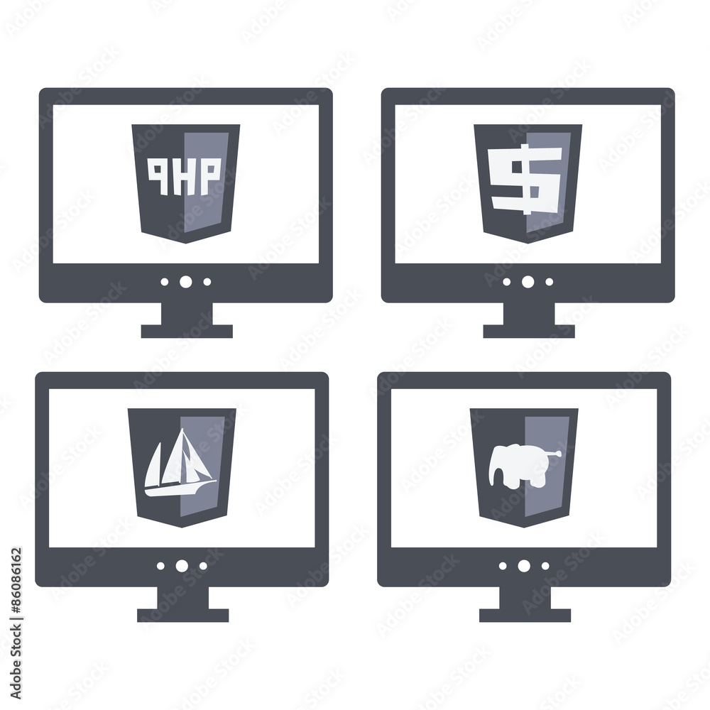 Poster vector collection of web development shield signs php. isolated