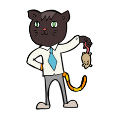 cartoon business cat with dead mouse