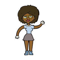 cartoon waving woman wearing spectacles