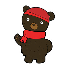 cartoon black bear in winter hat and scarf