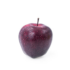 Red ripe apple with water drops on white background.
