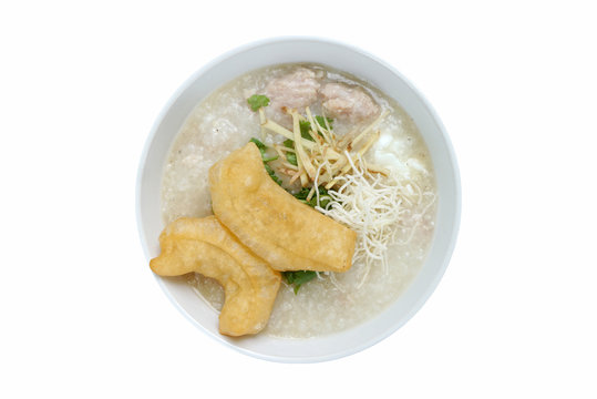 Pork porridge with ginger and coriander isolated