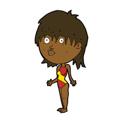 cartoon woman in swimsuit shrugging shoulders