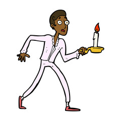 cartoon frightened man walking with candlestick