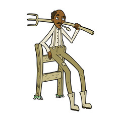 cartoon old farmer leaning on fence
