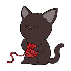 cartoon cute black cat playing with ball of yarn