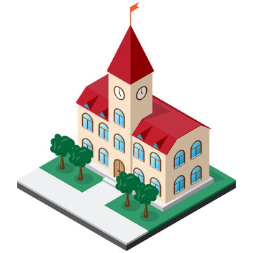Town hall building with clock on the tower surrounded by lawn with trees. Isometric Vector for design of various applications.