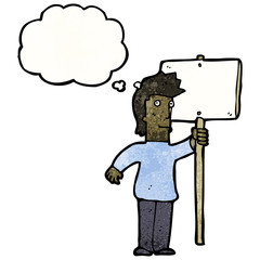 cartoon man with thought bubble and sign post