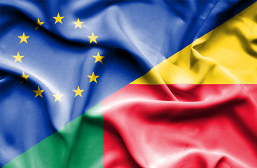 Waving flag of Benin and EU