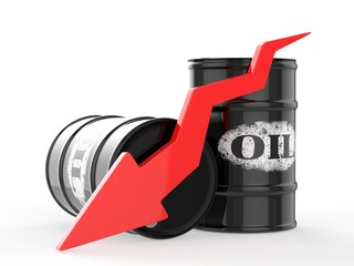 Oil Barrels with Red Arrow down. Financial crisis